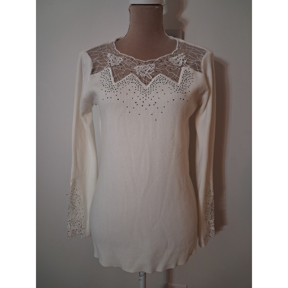 Oliver by Escio Ivory Ribbed Lace Rhinestone Top Long Sleeve Womens Medium New